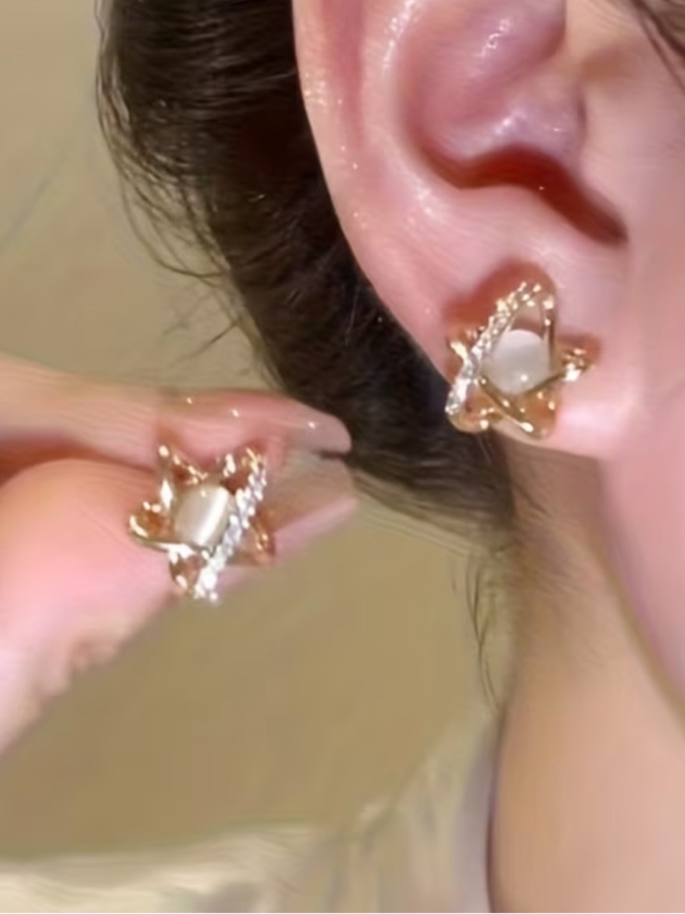 Gold Orbit Pearl Stud Earrings - Women's Gold and Ivory Pearl - Picture 2 of 5